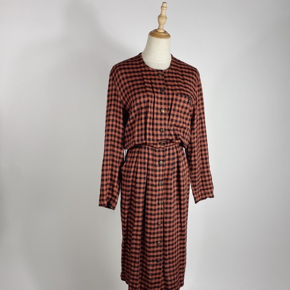 VINTAGE 90s Moda Intl Gingham Plaid Clay & Black Long Sleeve Button Dress Medium - Picture 2 of 8